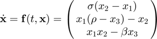 $$\dot{\mathbf{x}}=\mathbf{f}(t,\mathbf{x})=\pmatrix{\sigma(x_{2}-x_{1})
\cr x_{1}(\rho-x_{3})-x_{2} \cr x_{1}x_{2}-\beta x_{3}}$$