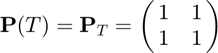 $$\mathbf{P}(T)=\mathbf{P}_{T}=\pmatrix{1&1\cr1&1}$$