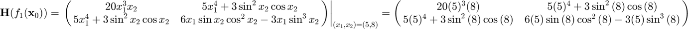 $$\mathbf{H}(f_{1}(\mathbf{x}_{0}))=\left.\pmatrix{20x_{1}^{3}x_{2} &
5x_{1}^{4}+3\sin^{2}{x_{2}}\cos{x_{2}} \cr 5x_{1}^{4}+3\sin^{2}{x_{2}}
\cos{x_{2}} & 6x_{1}\sin{x_{2}}\cos^{2}{x_{2}}-3x_{1}\sin^{3}{x_{2}}}
\right|_{(x_{1},x_{2})=(5,8)}=\pmatrix{20(5)^{3}(8) & 5(5)^{4}+3
\sin^{2}{(8)}\cos{(8)} \cr 5(5)^{4}+3\sin^{2}{(8)}\cos{(8)} & 6(5)
\sin{(8)}\cos^{2}{(8)}-3(5)\sin^{3}{(8)}}$$