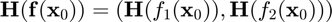 $$\mathbf{H}(\mathbf{f}(\mathbf{x}_{0}))=(\mathbf{H}(f_{1}
(\mathbf{x}_{0})),\mathbf{H}(f_{2}(\mathbf{x}_{0})))$$